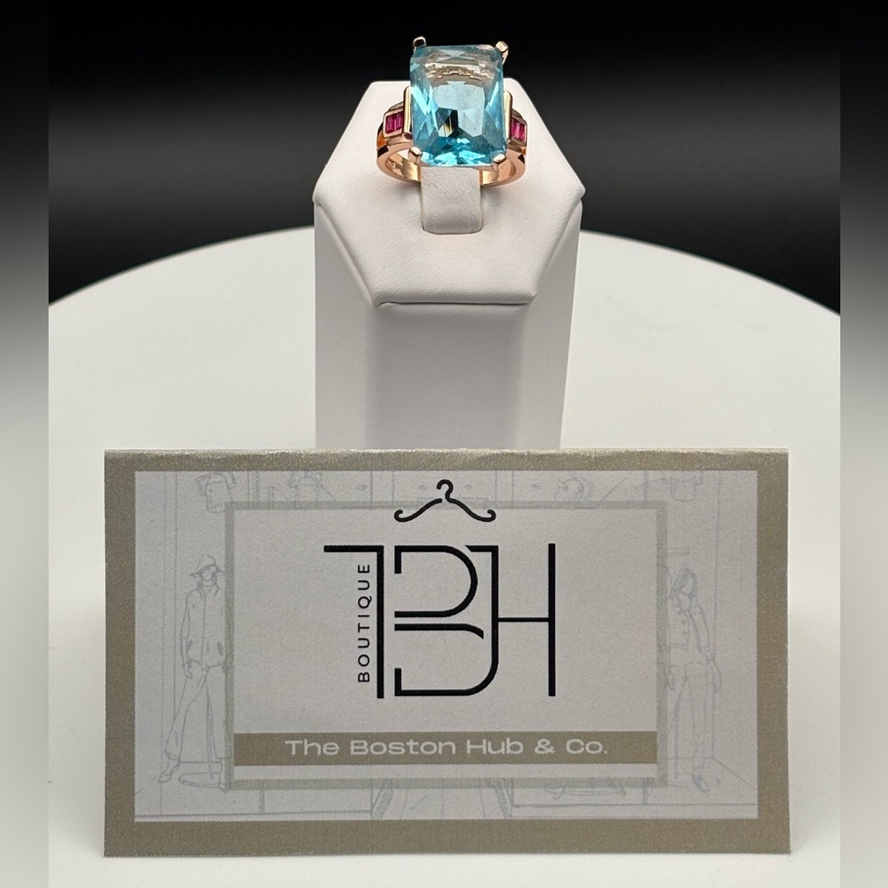 ❣️NEW Vibrant Statement Ring Rose Gold Sterling Silver Size 9 Light Blue CZ